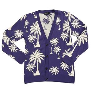 BoohooMAN Palm Tree Cardigan Purple White V Neck Button Down Men's Size S